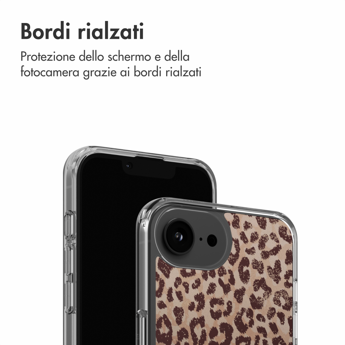 Een doorzichtige telefoonhoes met luipaardprint en verhoogde randen.