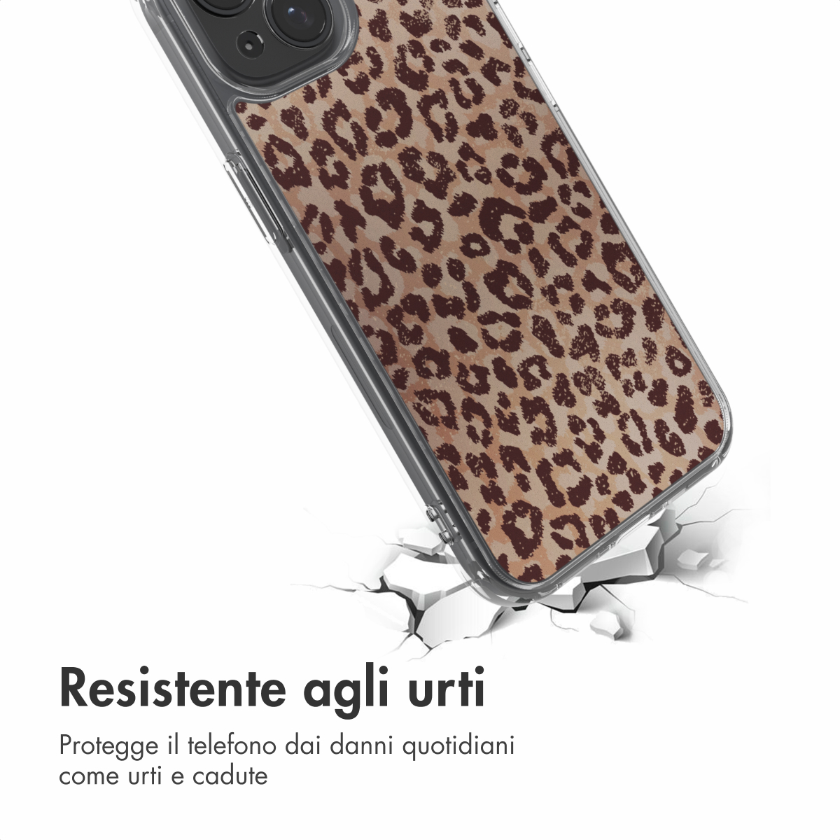 A phone with a leopard print case drops onto cracked ground.