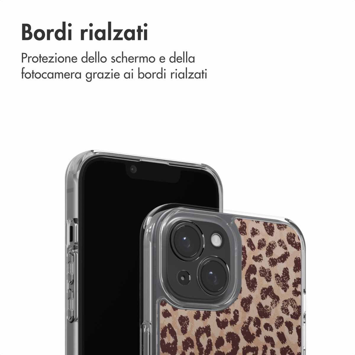 A leopard print phone case over a smartphone, featuring raised edges.