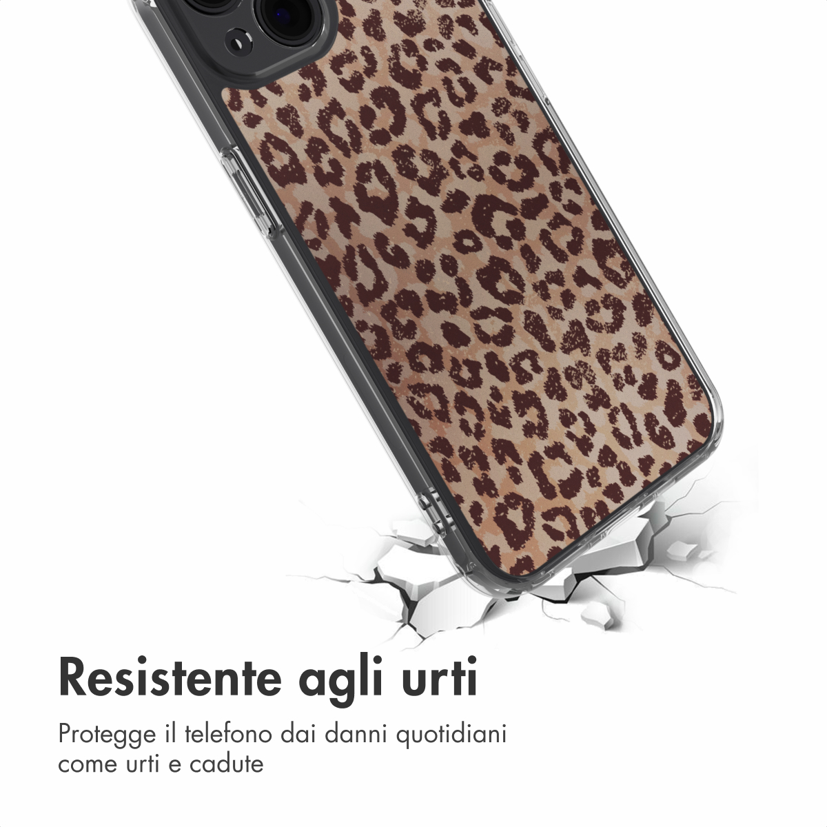 Étui de téléphone à imprimé léopard traversant une surface blanche.