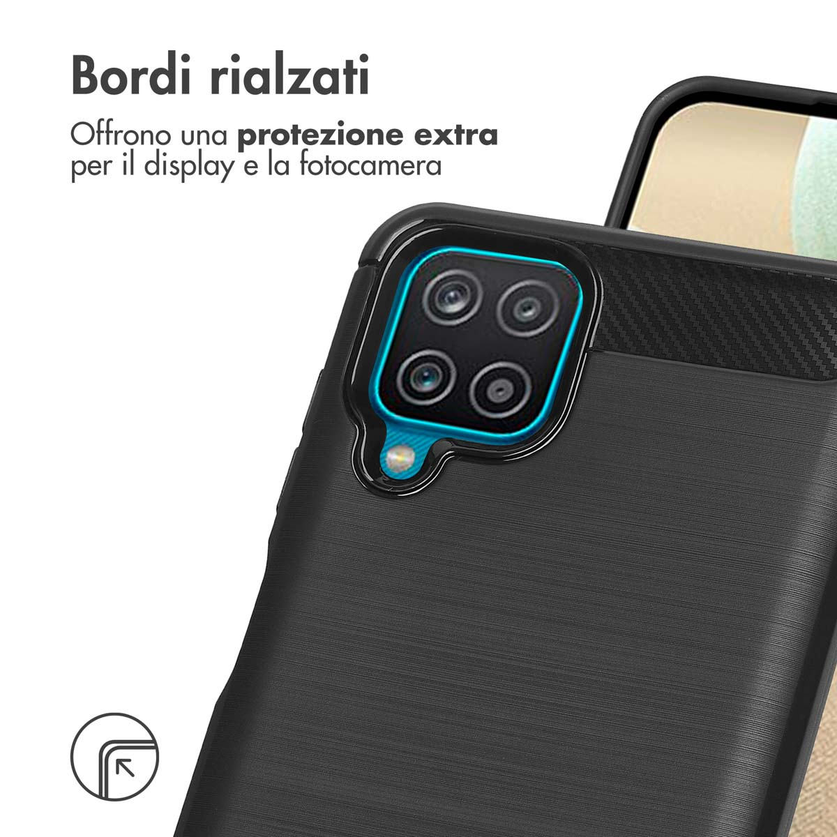 Custodia nera per telefono con ritaglio fotocamera e testo.