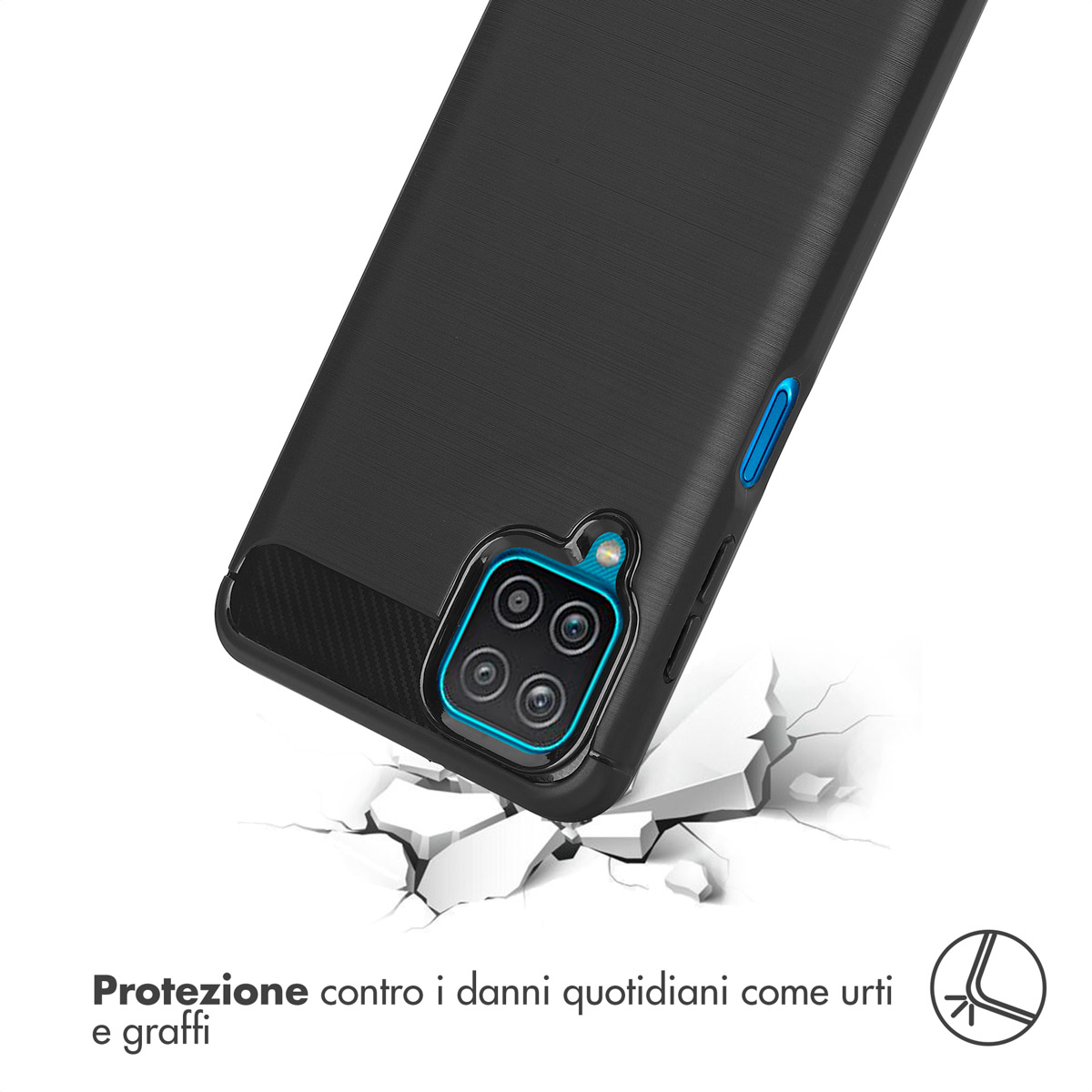 Custodia nera per telefono con ritaglio fotocamera su terreno rotto.