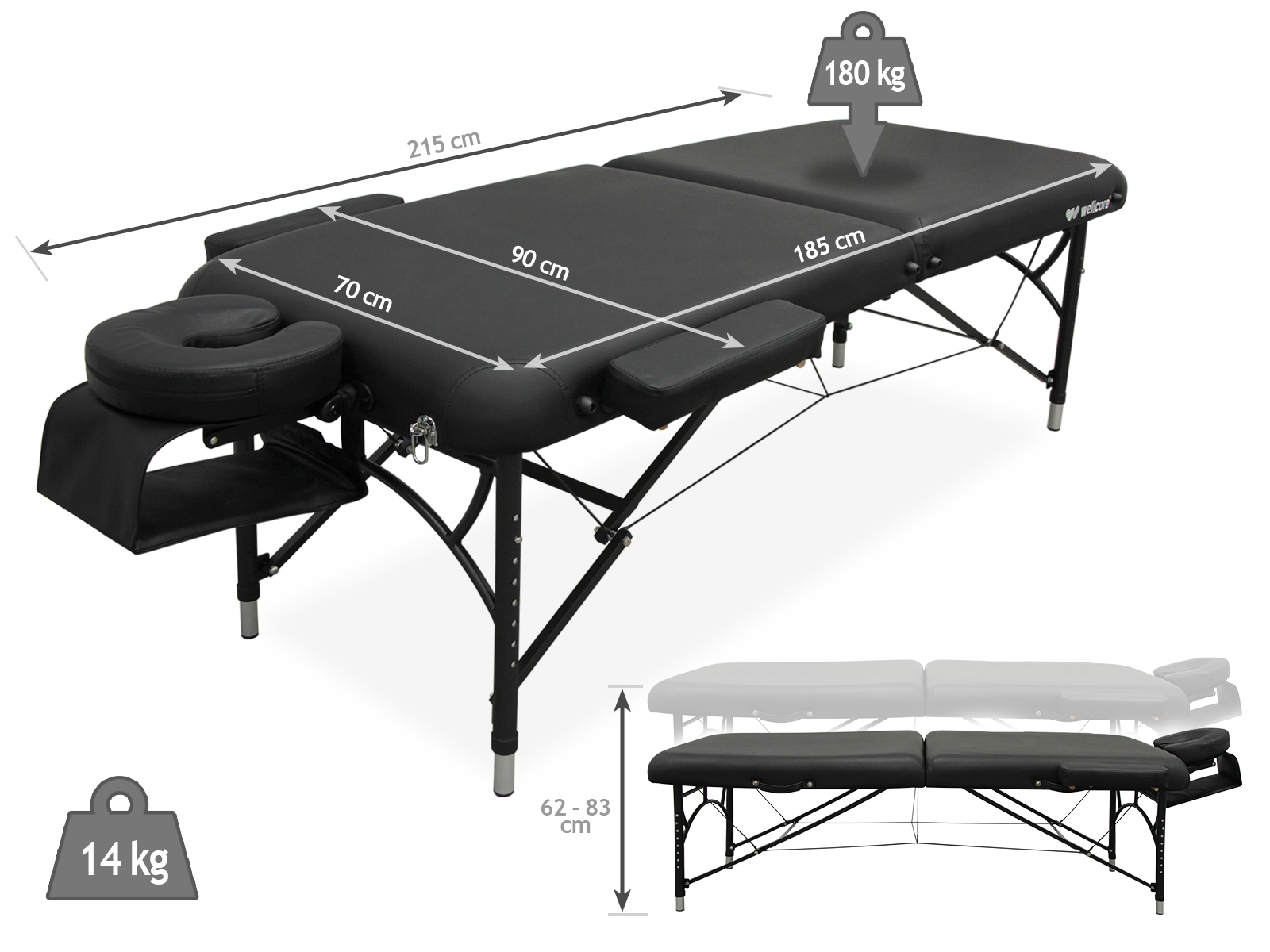 Una camilla de masaje negra de 215x70cm, capacidad 180kg, altura ajustable 62-83cm.