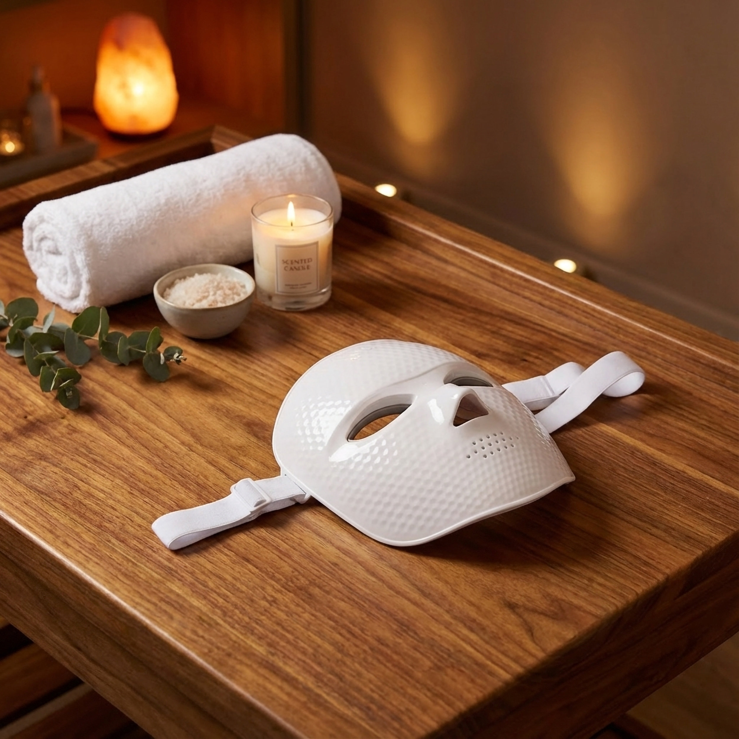 Una mascarilla blanca descansa sobre una mesa de madera cerca de una vela, toalla y sal.