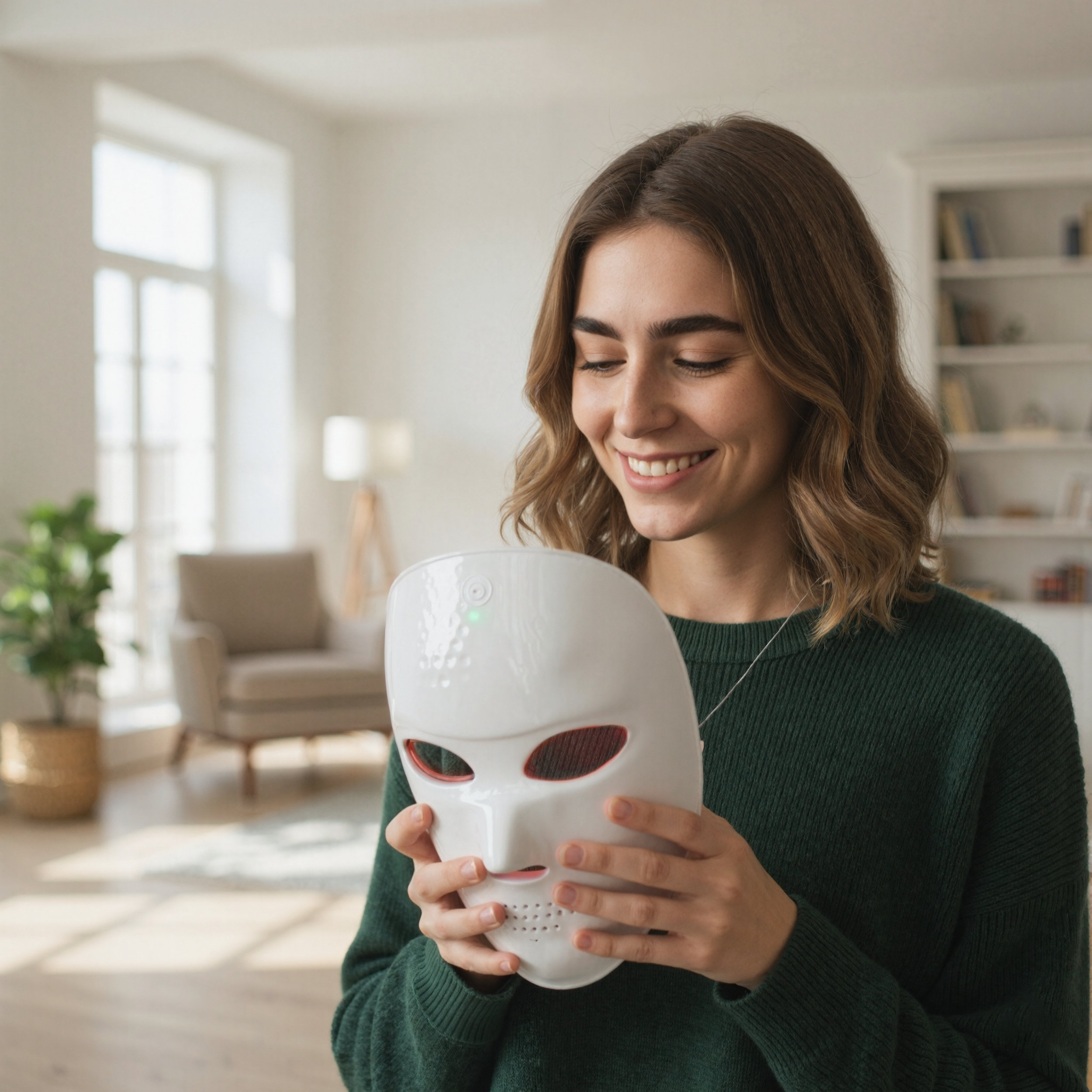 Una mujer sostiene una mascarilla facial LED blanca con luces rojas.