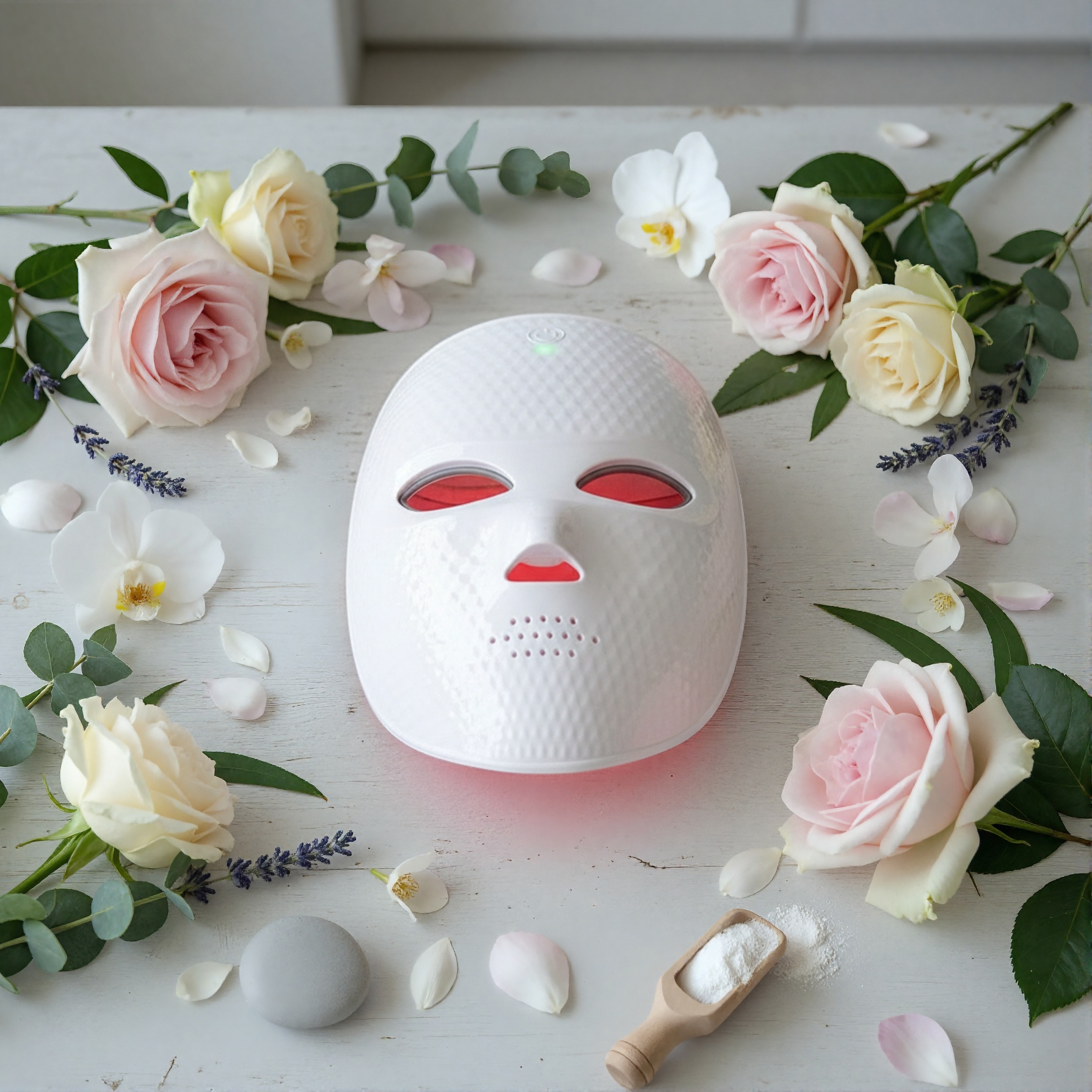 Una mascarilla facial LED blanca rodeada de rosas, lavanda y orquídeas sobre madera.