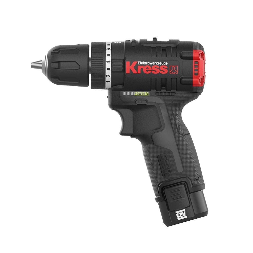 Kırmızı vurgulu siyah Kress akülü matkap. 12V ve güç seviyelerini gösterir.