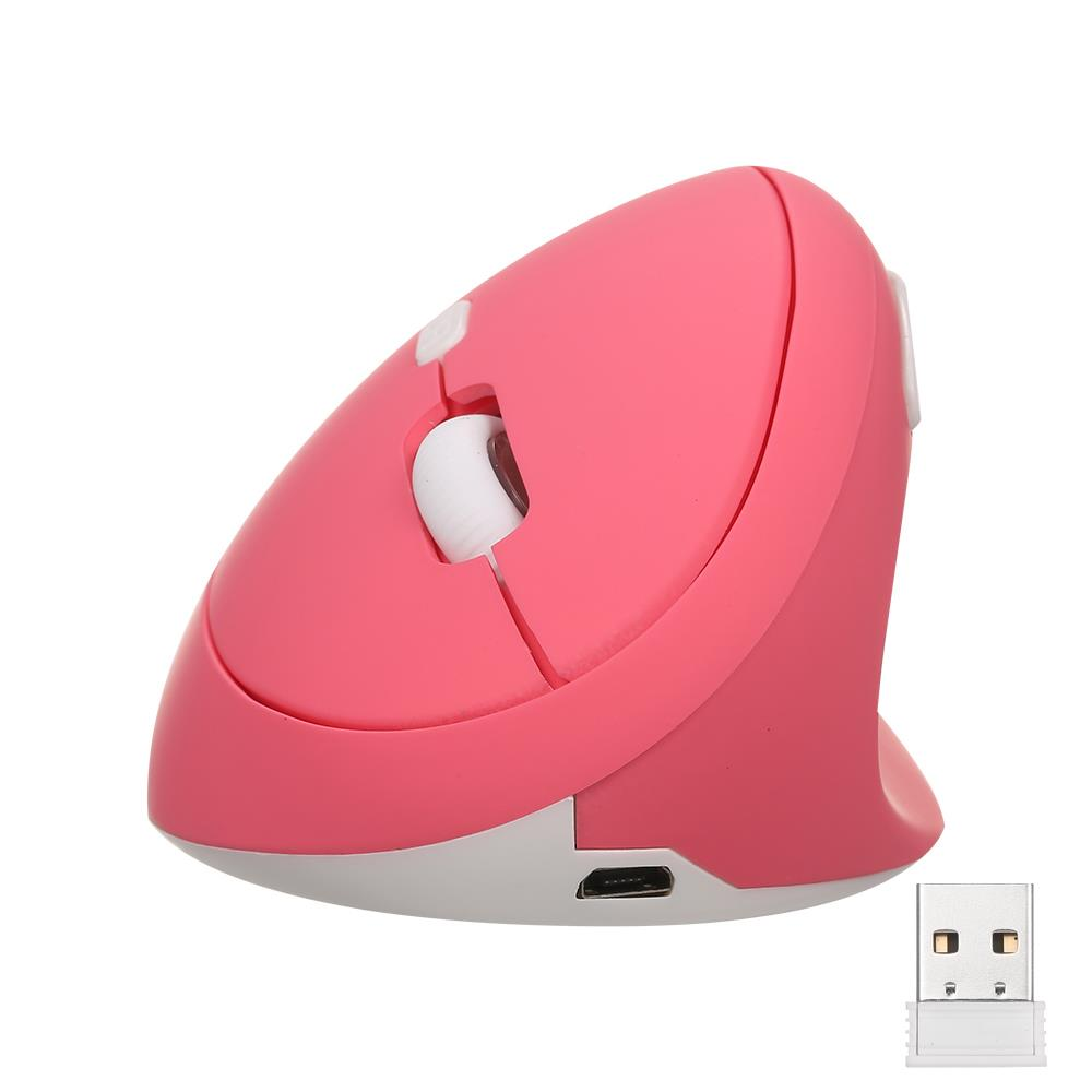 Beyaz arka plan üzerinde USB dongle'lı pembe dikey bilgisayar faresi.