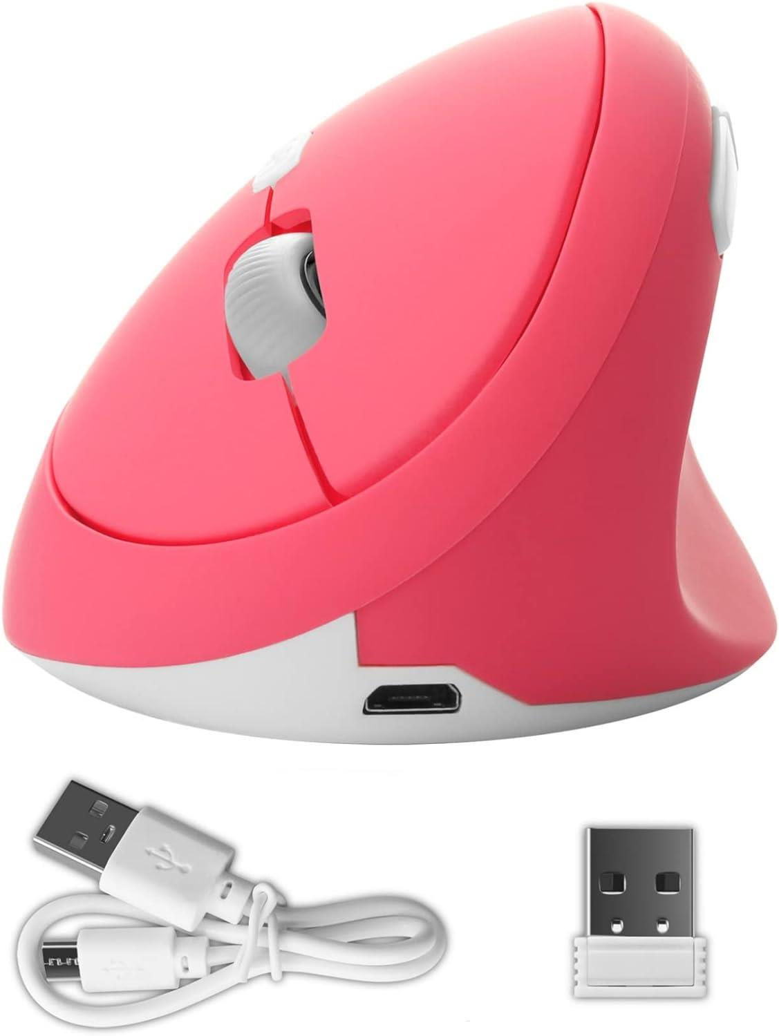Beyaz kaydırma tekerlekli pembe ergonomik fare, USB kablosu ve alıcısı.