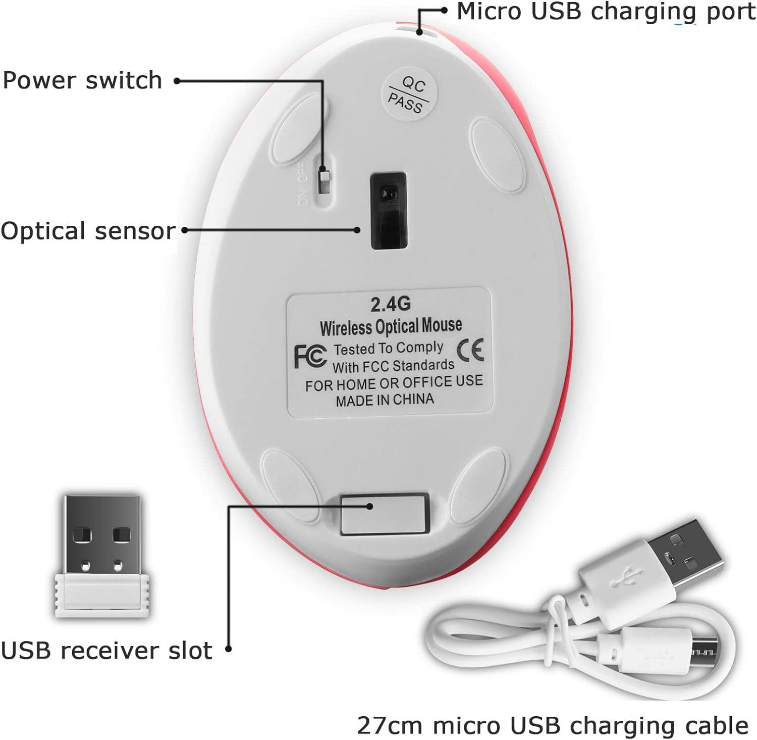 Beyaz ve kırmızı kablosuz farenin alt tarafı; optik sensör, güç anahtarı, USB yuvası gösteriliyor.