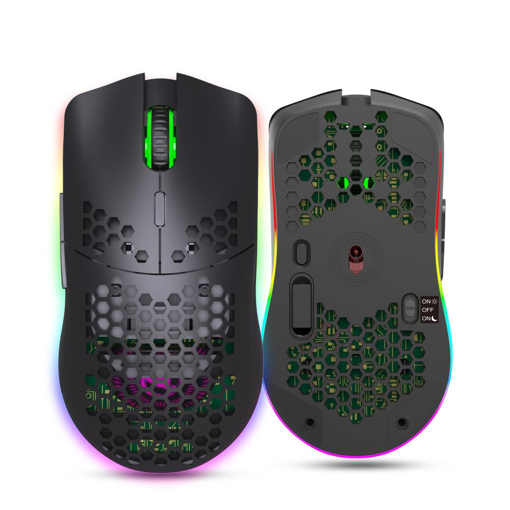 İki siyah oyuncu faresi, ön ve arka görünümler. RGB aydınlatma.