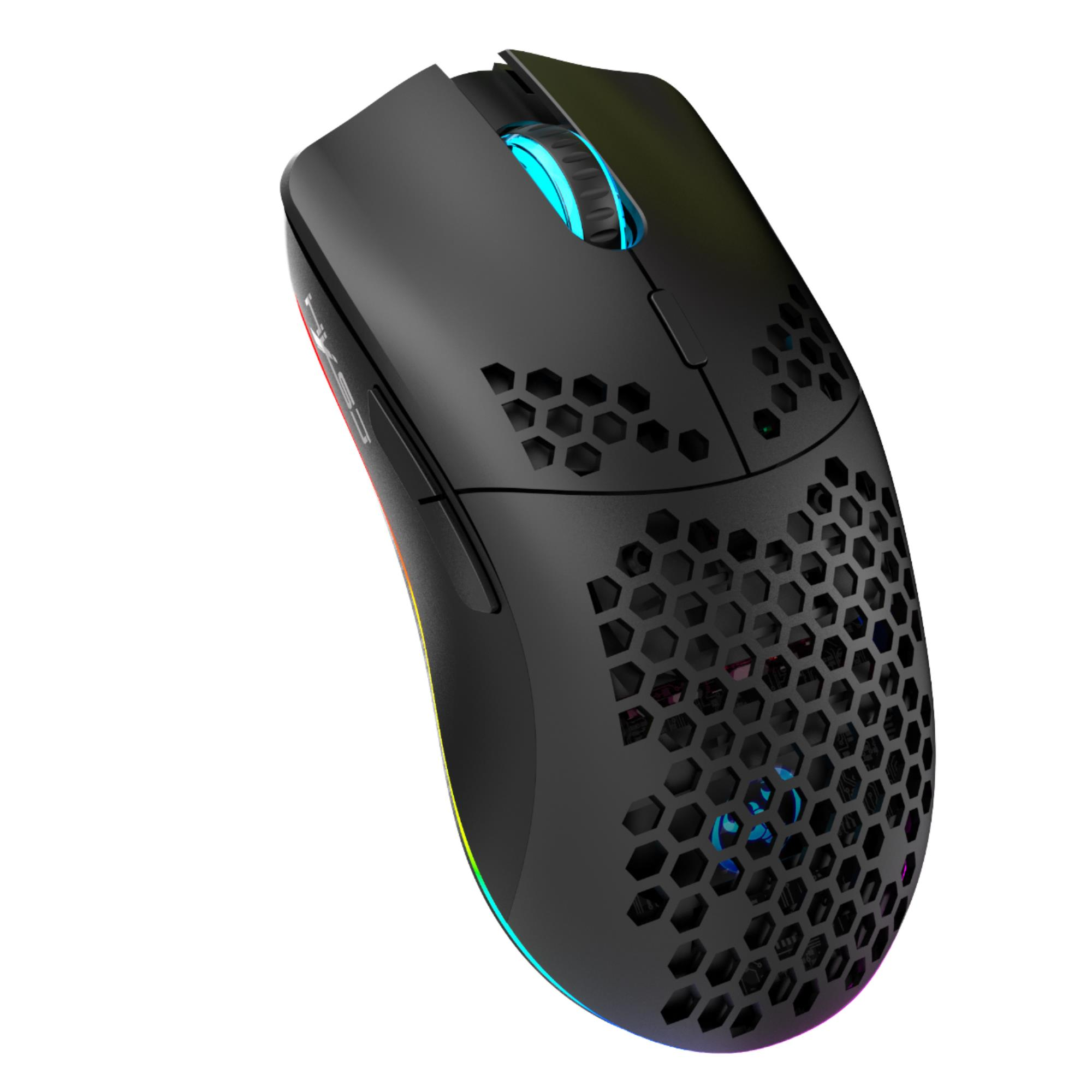 Bal peteği desenli ve RGB aydınlatmalı siyah oyuncu faresi.