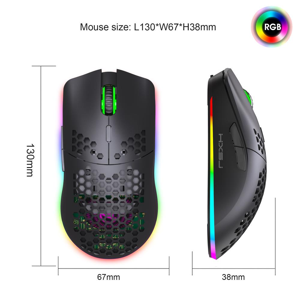 RGB aydınlatmalı siyah oyuncu faresi, boyutları 130x67x38mm.