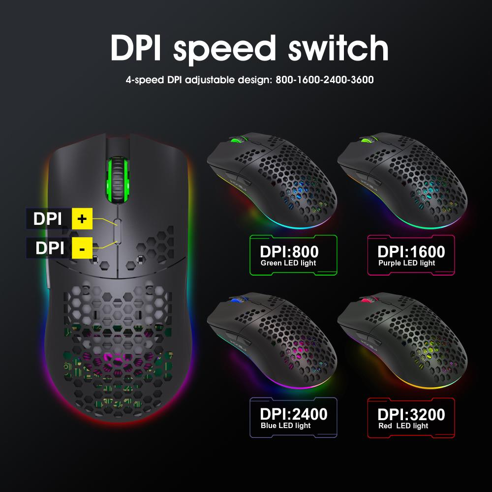 Bal peteği desenli siyah oyuncu faresi, RGB aydınlatmalı ve DPI ayarlı.