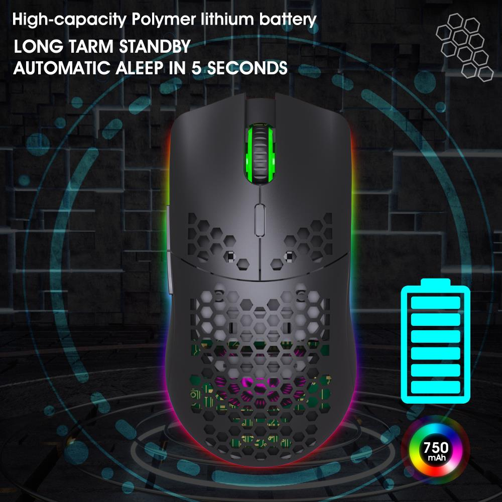 RGB aydınlatmalı siyah oyuncu faresi, petek tasarım, 750mAh pil.