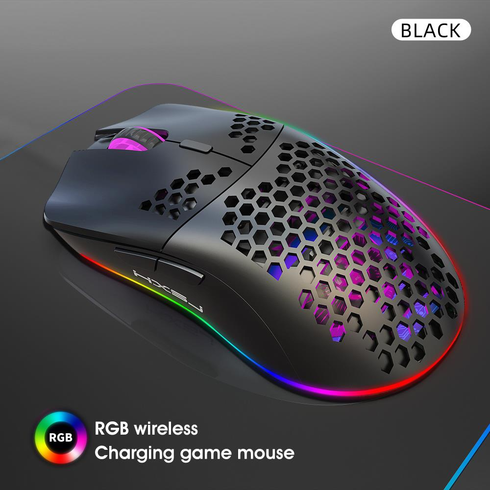 Bal peteği tasarımlı, RGB aydınlatmalı siyah kablosuz oyuncu faresi.