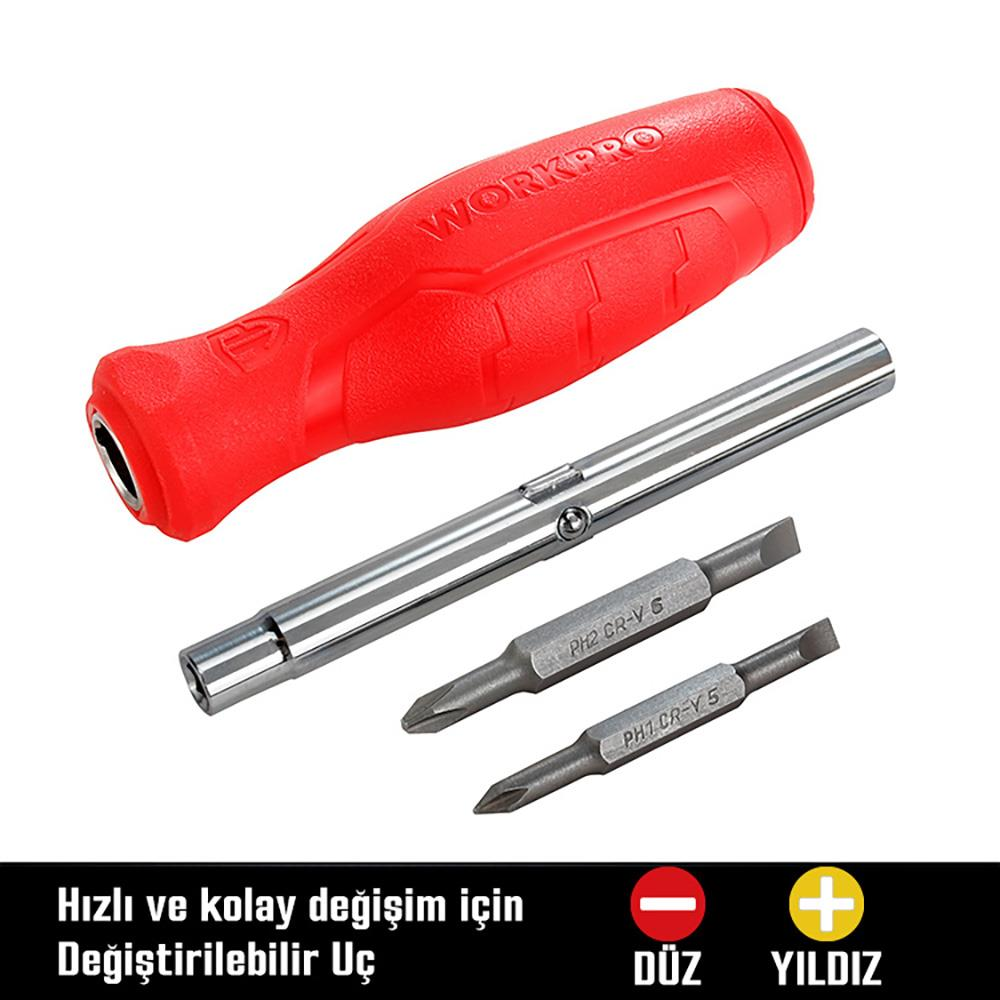 Kırmızı tornavida sapı, değiştirilebilir uçları: PH2 ve PH1.
