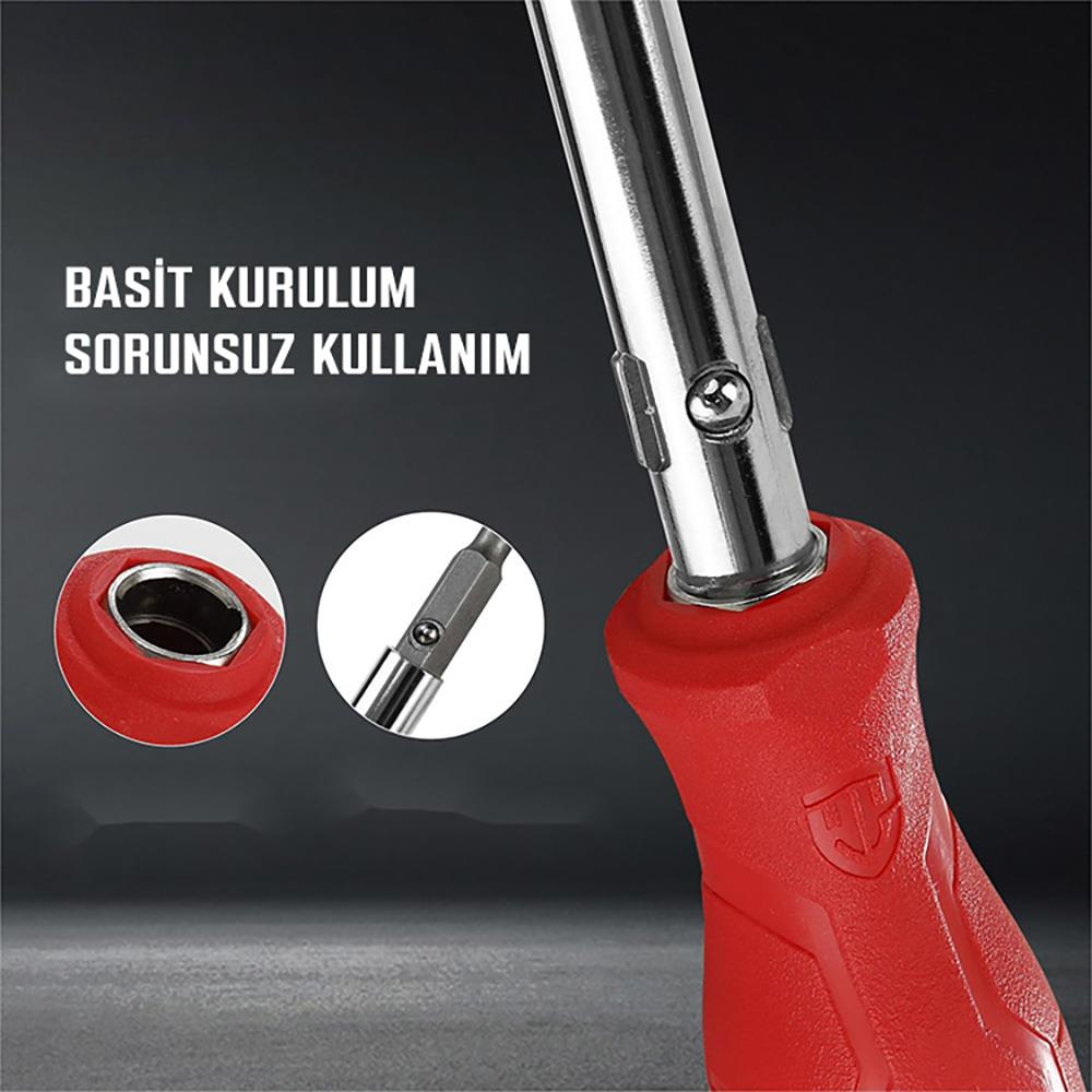 Metal şaftlı kırmızı tornavida sapı ve iki bit yakın çekimi.