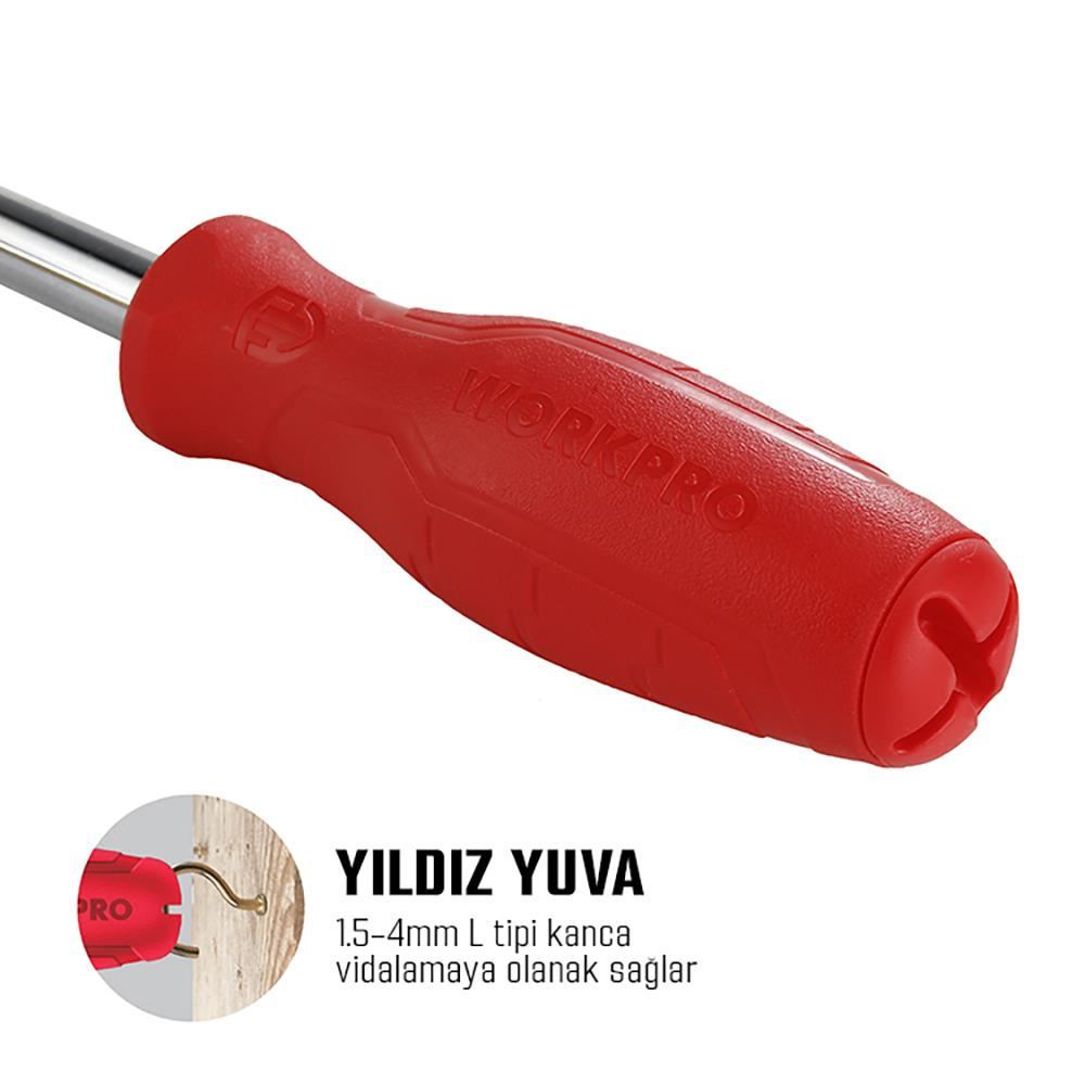 Gümüş metal uçlu ve yazılı kırmızı alet sapı.