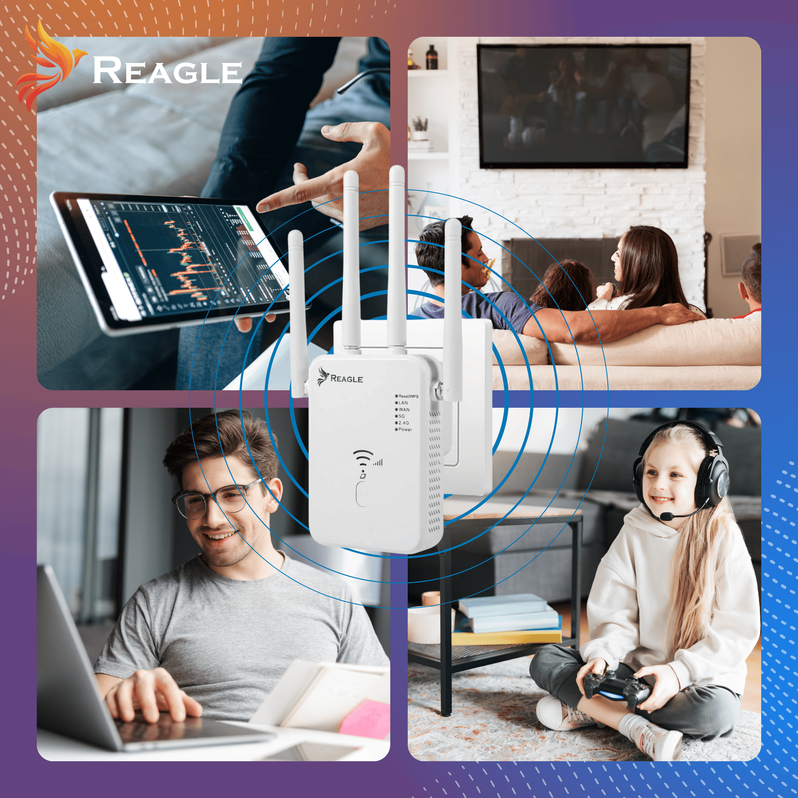 Collage zeigt WLAN-Booster, Familie beim Fernsehen, Mann am Laptop, Kind beim Spielen.