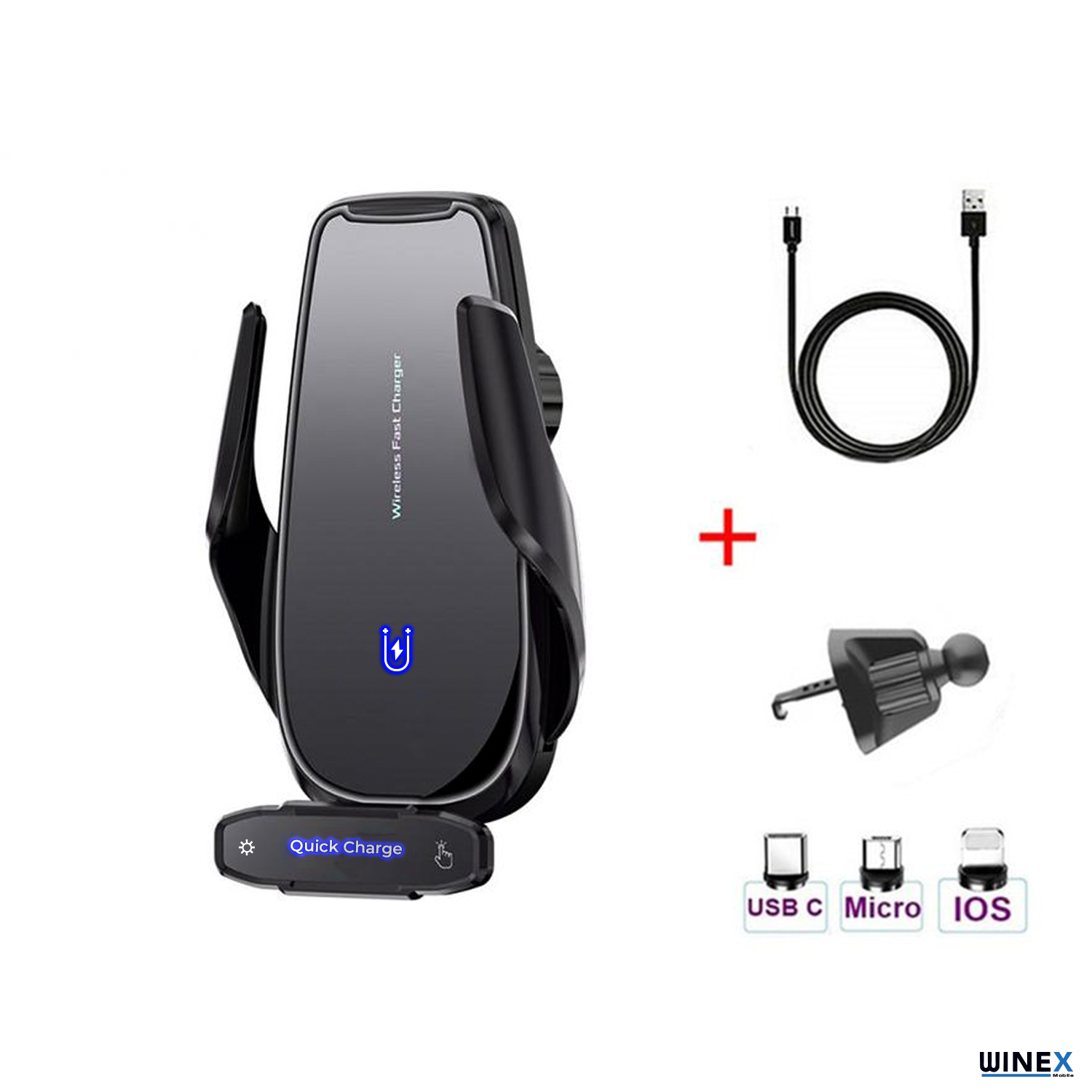 Siyah kablosuz hızlı şarj cihazı, araç tutucu, USB kablosu ve adaptör simgeleri.