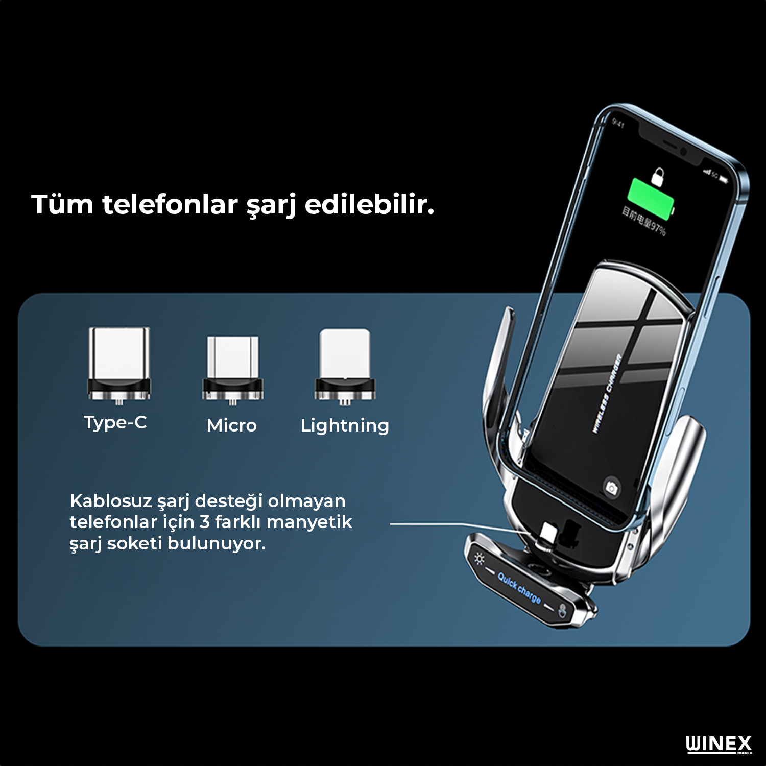 Akıllı telefon, Type-C, Micro ve Lightning konektörlü kablosuz şarj standı.