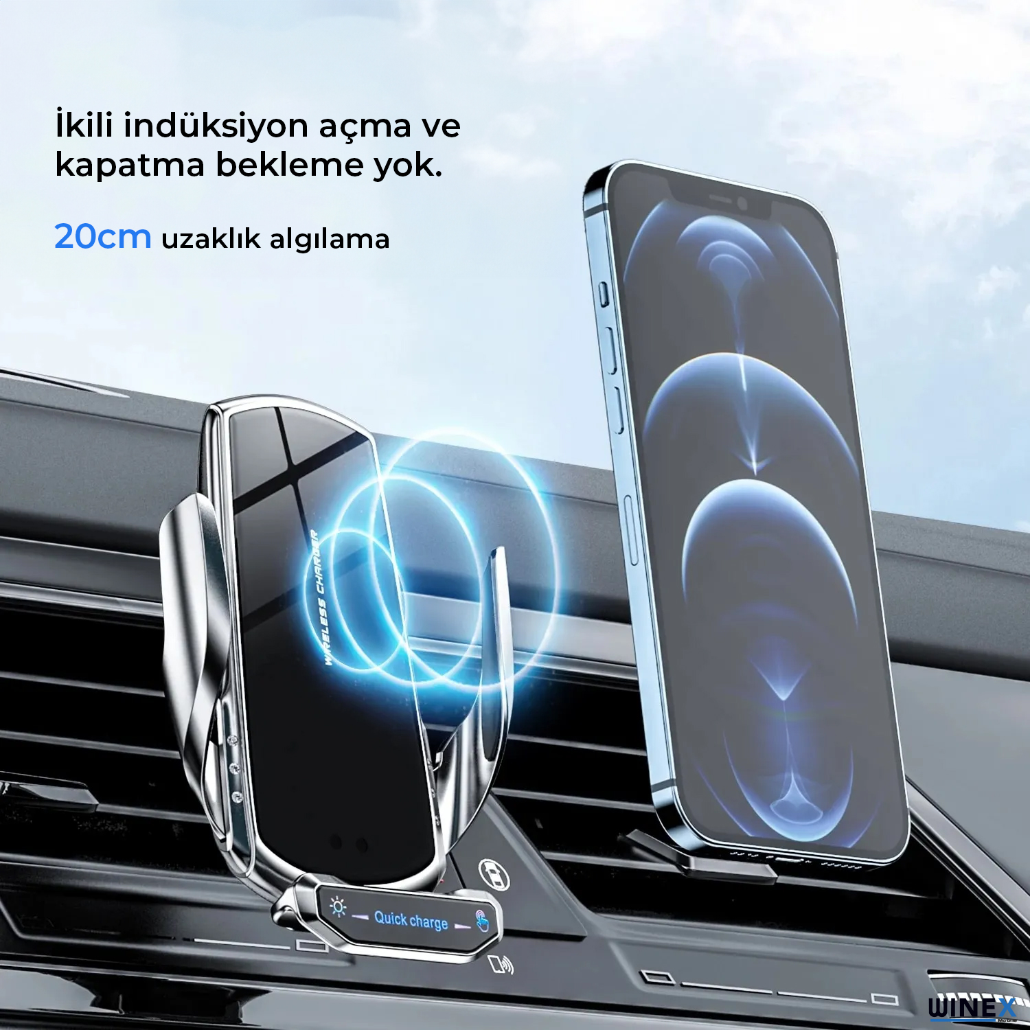 Bir akıllı telefon endüktif araç tutucu ile şarj ediliyor.