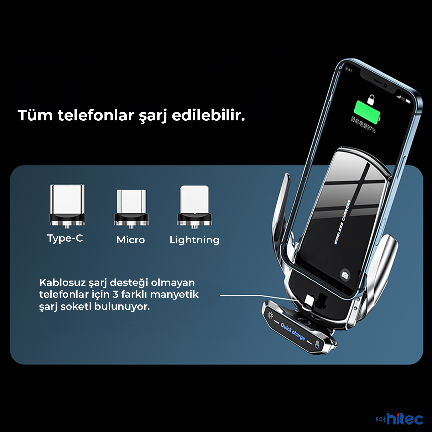 Bir akıllı telefon, üç manyetik adaptörlü kablosuz şarj cihazında gösteriliyor.
