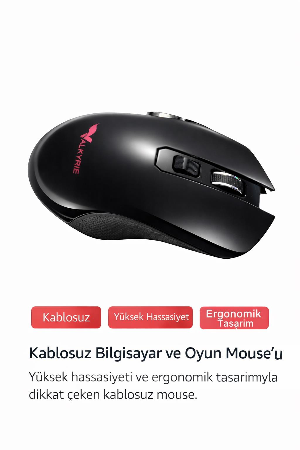 Valkyrie logolu, ergonomik tasarımlı siyah kablosuz oyuncu mouse'u.