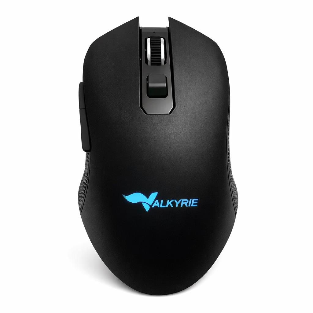 Mavi Valkyrie logolu siyah oyuncu mouse ve kaydırma tekerleği.