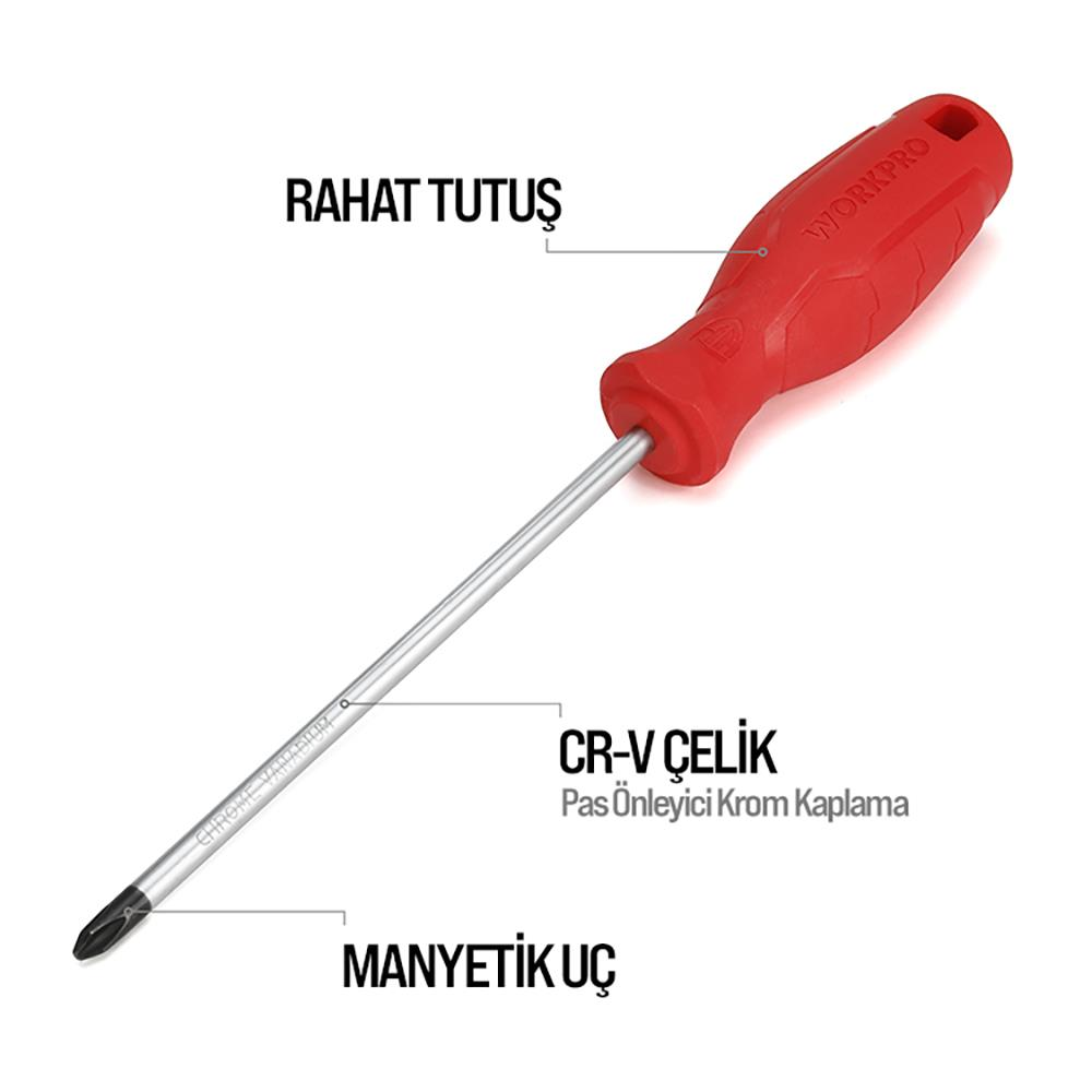 Mıknatıslı uçlu ve CR-V çelikten yapılmış kırmızı tornavida.