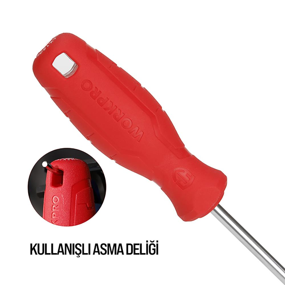 WORKPRO yazılı kırmızı tornavida sapı ve asmak için delik.