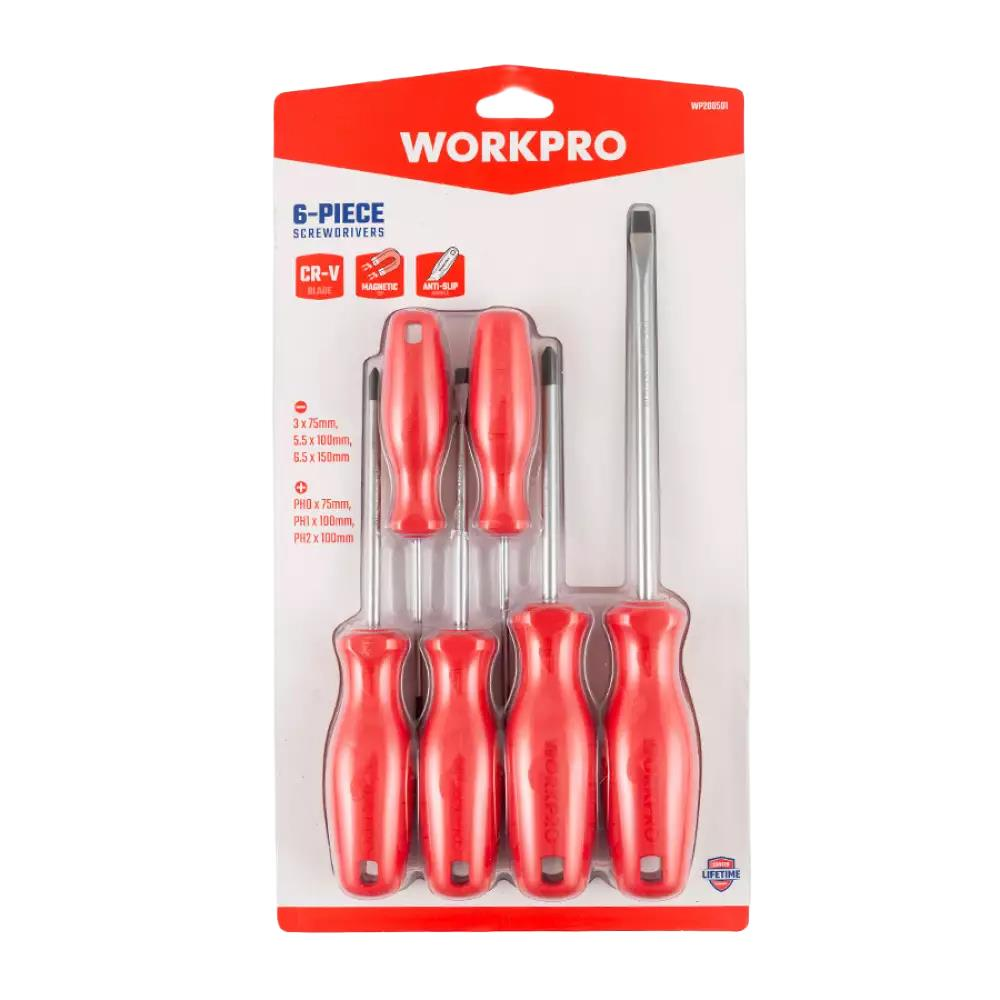 Kırmızı saplı ve gümüş şaftlı bir Workpro 6'lı tornavida seti.