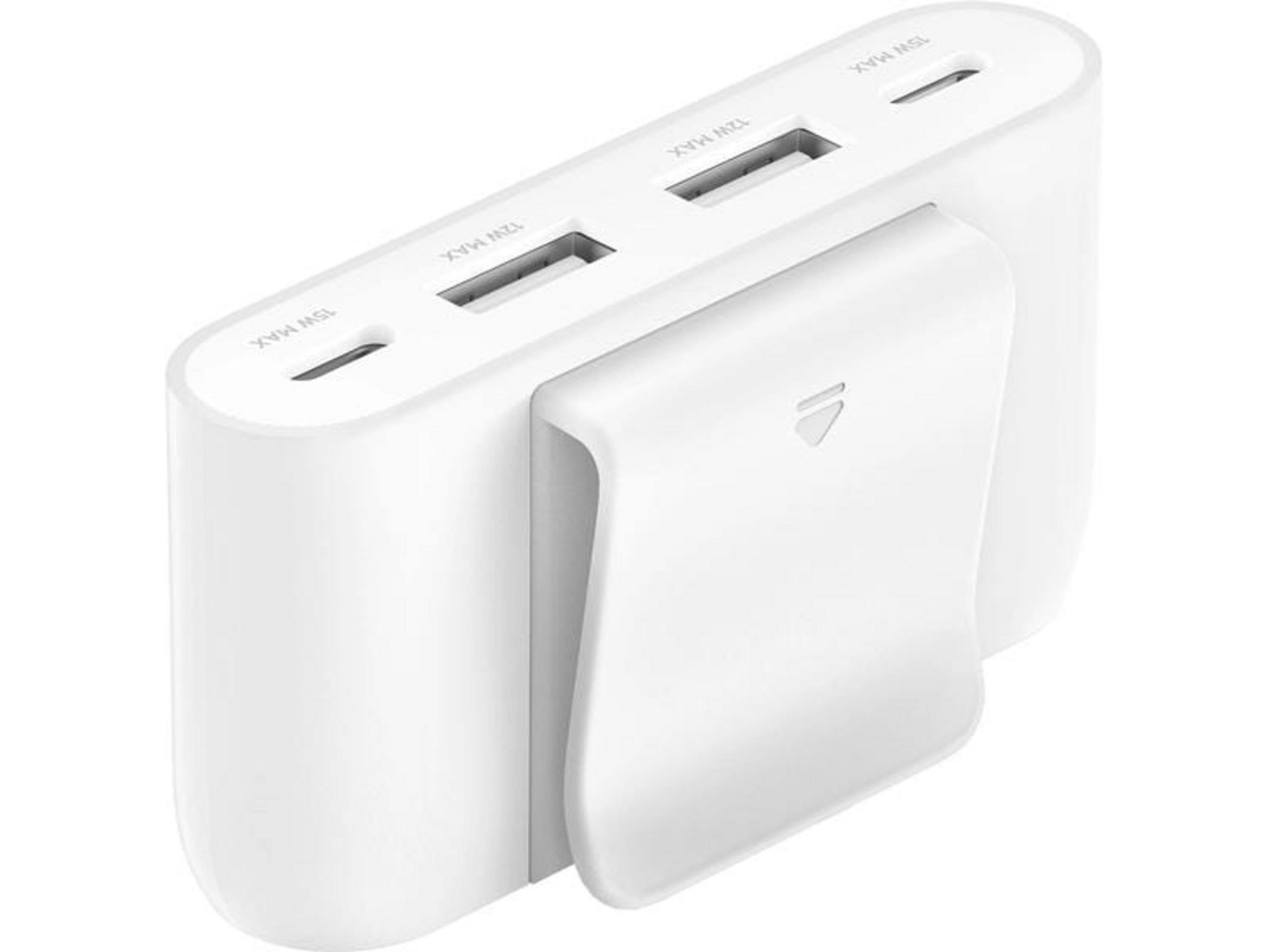 Un caricabatterie portatile bianco con due porte USB e una clip.