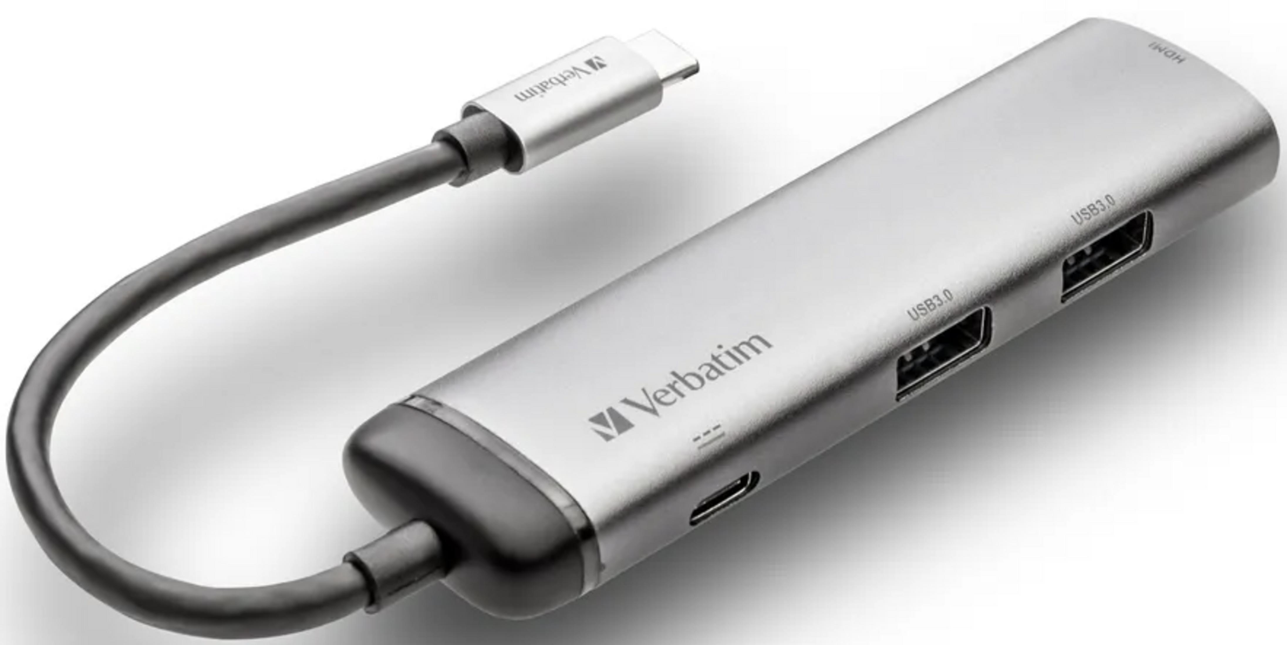 Silberner USB-C-Hub mit HDMI- und USB-3.0-Anschlüssen.