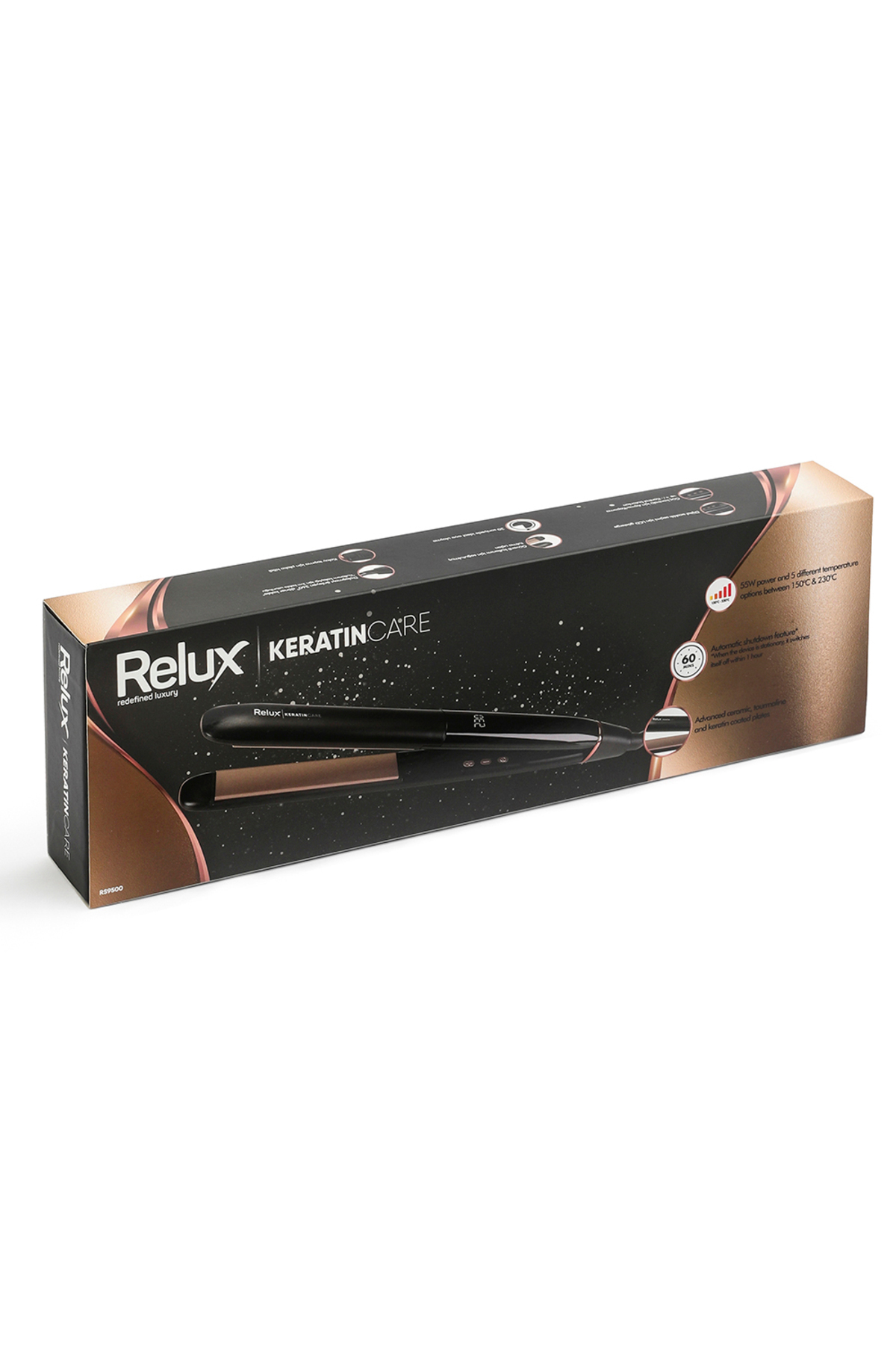 Relux Keratin Care saç düzleştirici yıldızlı siyah kutu üzerinde.