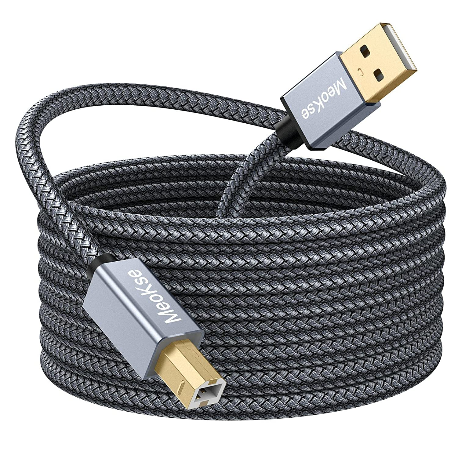 Szary kabel USB ze złotymi złączami i plecionym płaszczem.