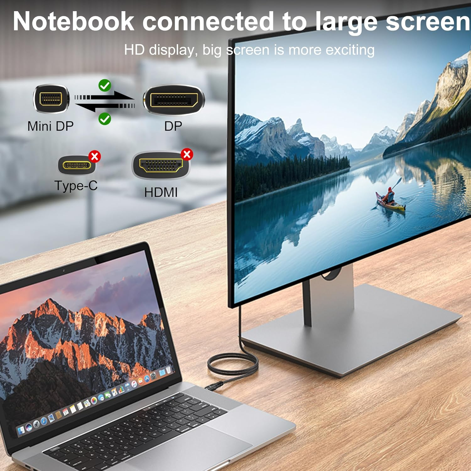 Laptop an großem Display angeschlossen, das Berg- und Seeszene zeigt. Porttypen angezeigt.