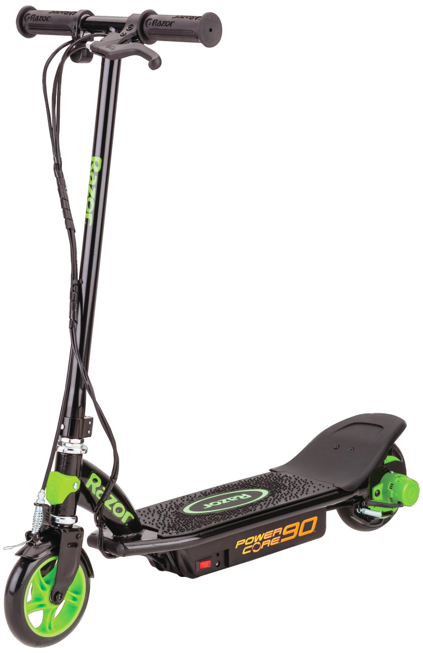 Un monopattino elettrico Razor nero con accenti verdi e marchio POWER CORE 90.