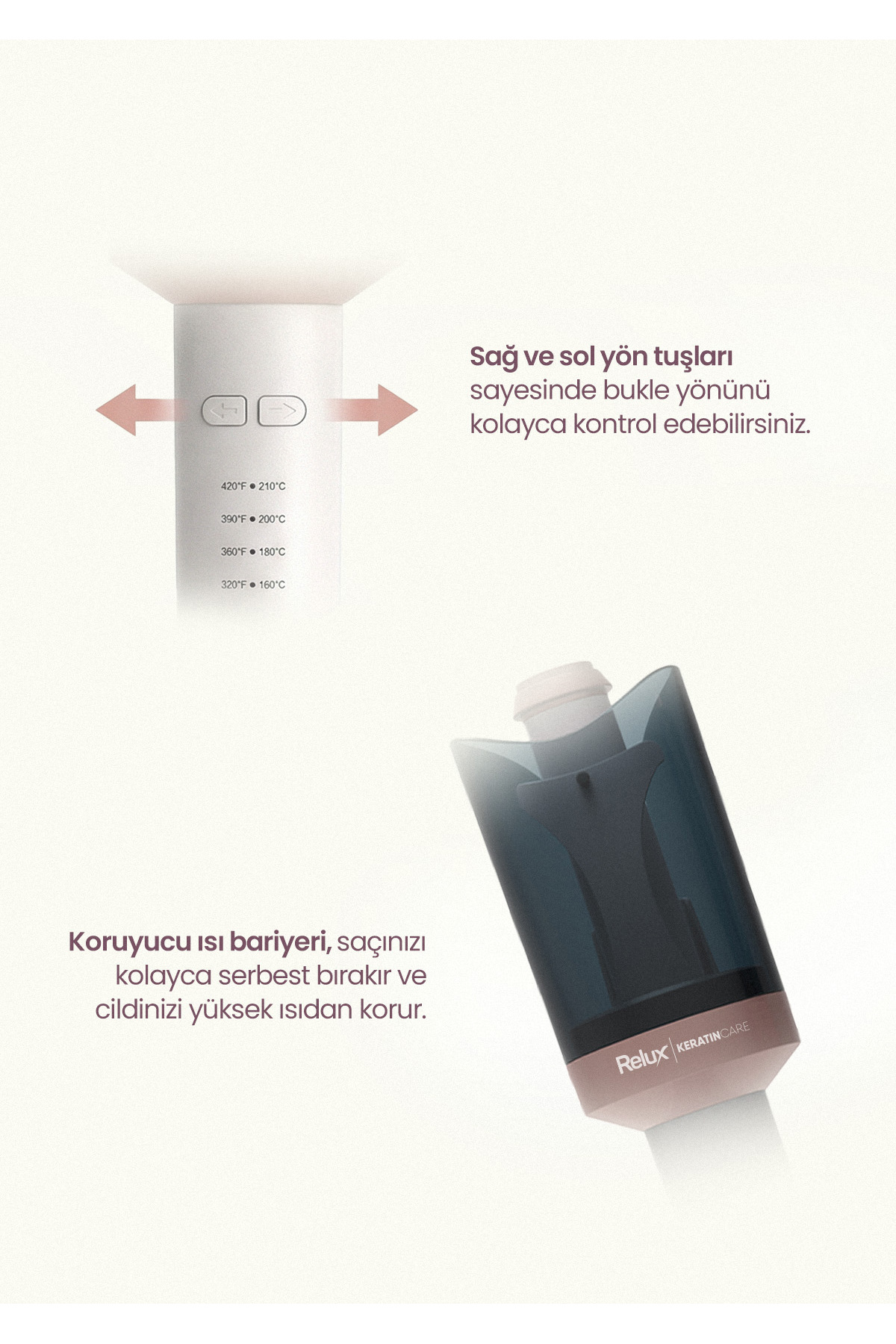 Sıcaklık ayarları ve okları olan beyaz cihaz esnek ayarlama gösterir.