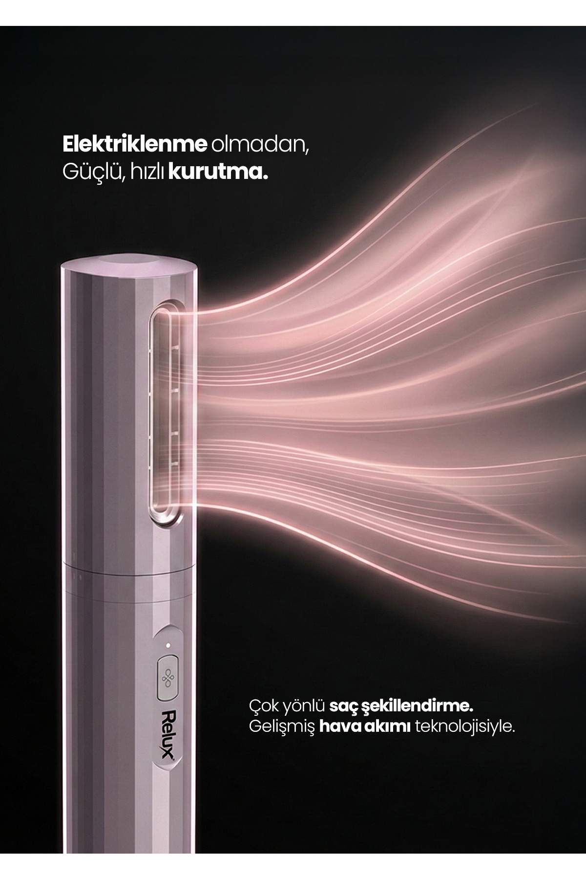 Gri saç kurutma makinesi siyah fon önünde pembe hava akımı yayar.