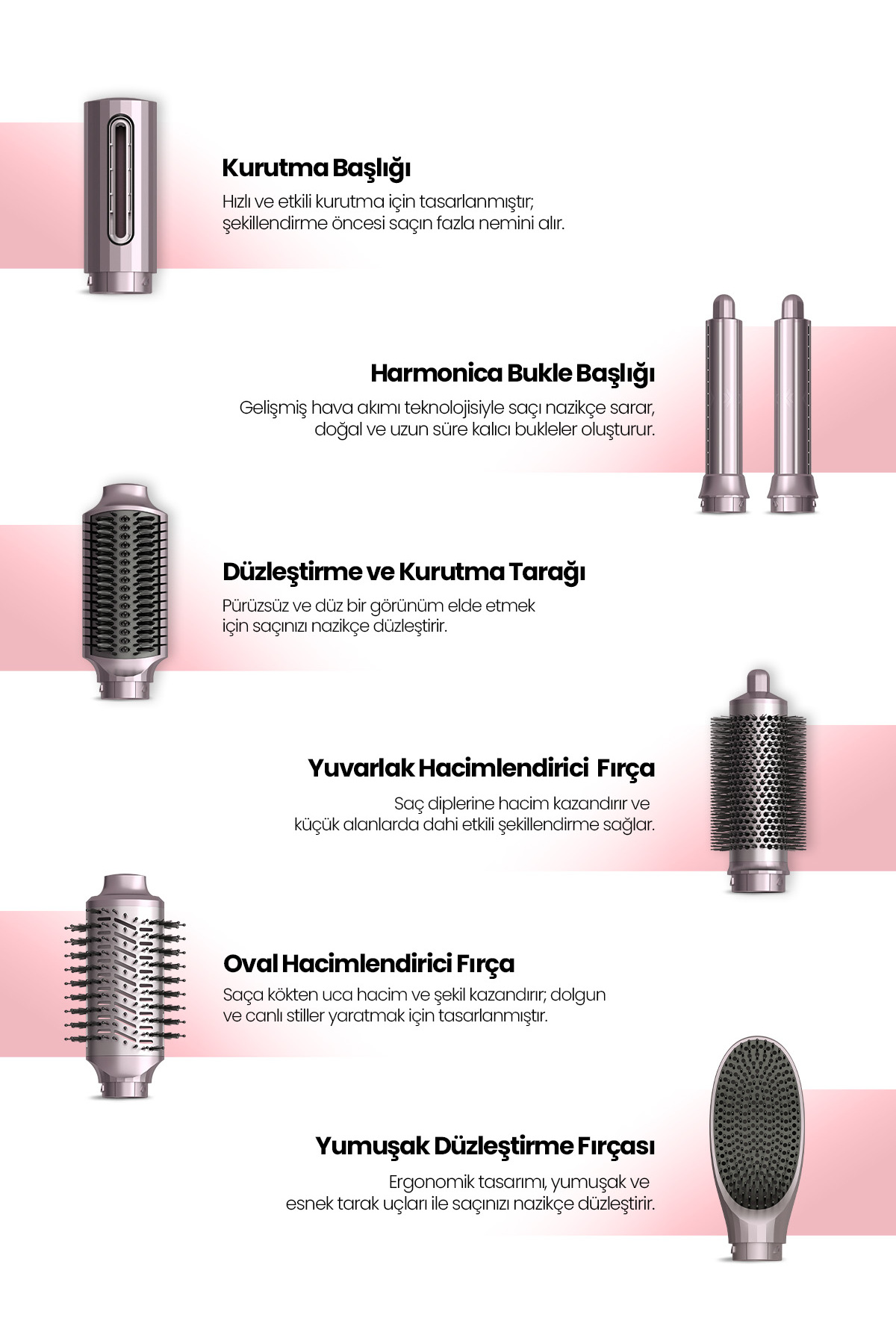 Beş saç kurutma makinesi başlığı: kurutma, iki maşa, yuvarlak fırça ve oval fırça.