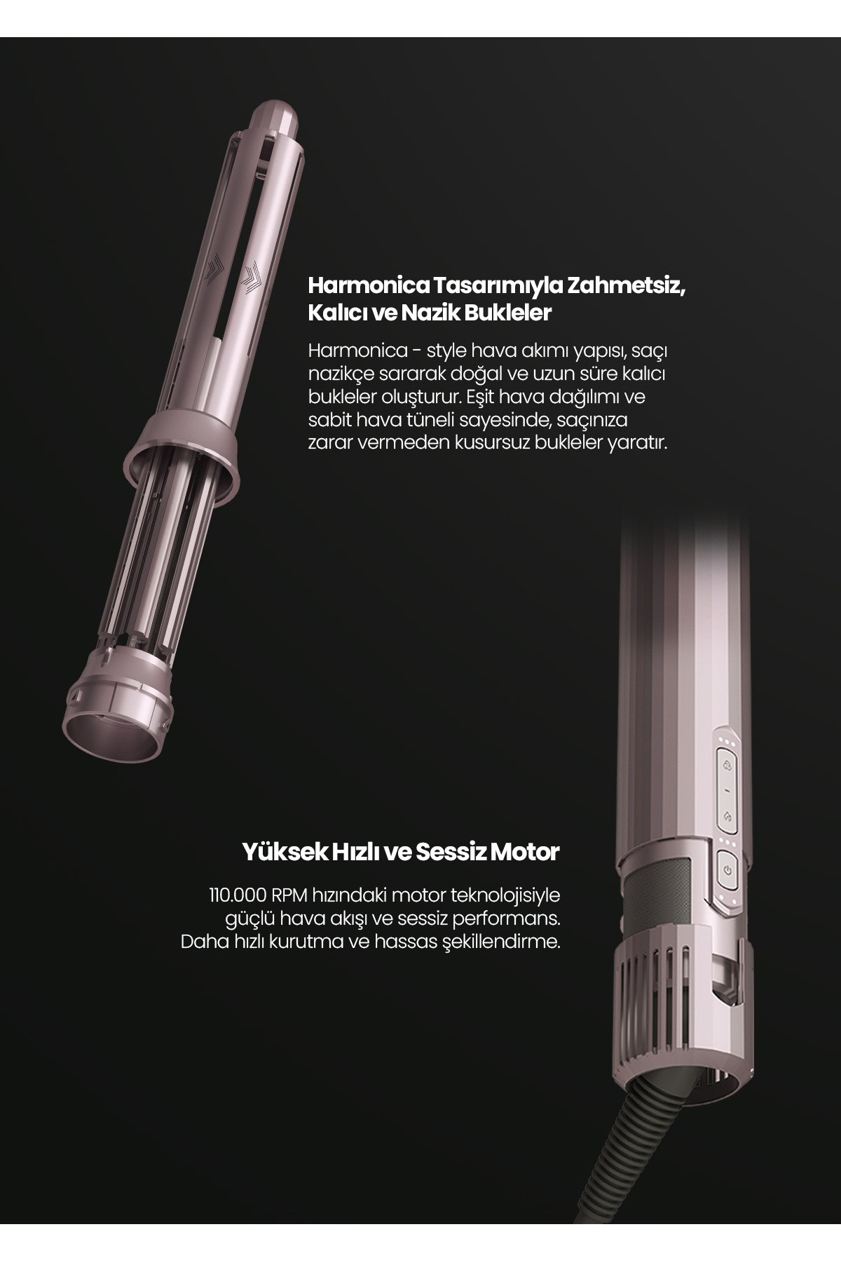 Gümüş rengi, harmonika tasarımlı ve kontrol düğmeli saç kurutma makinesi.