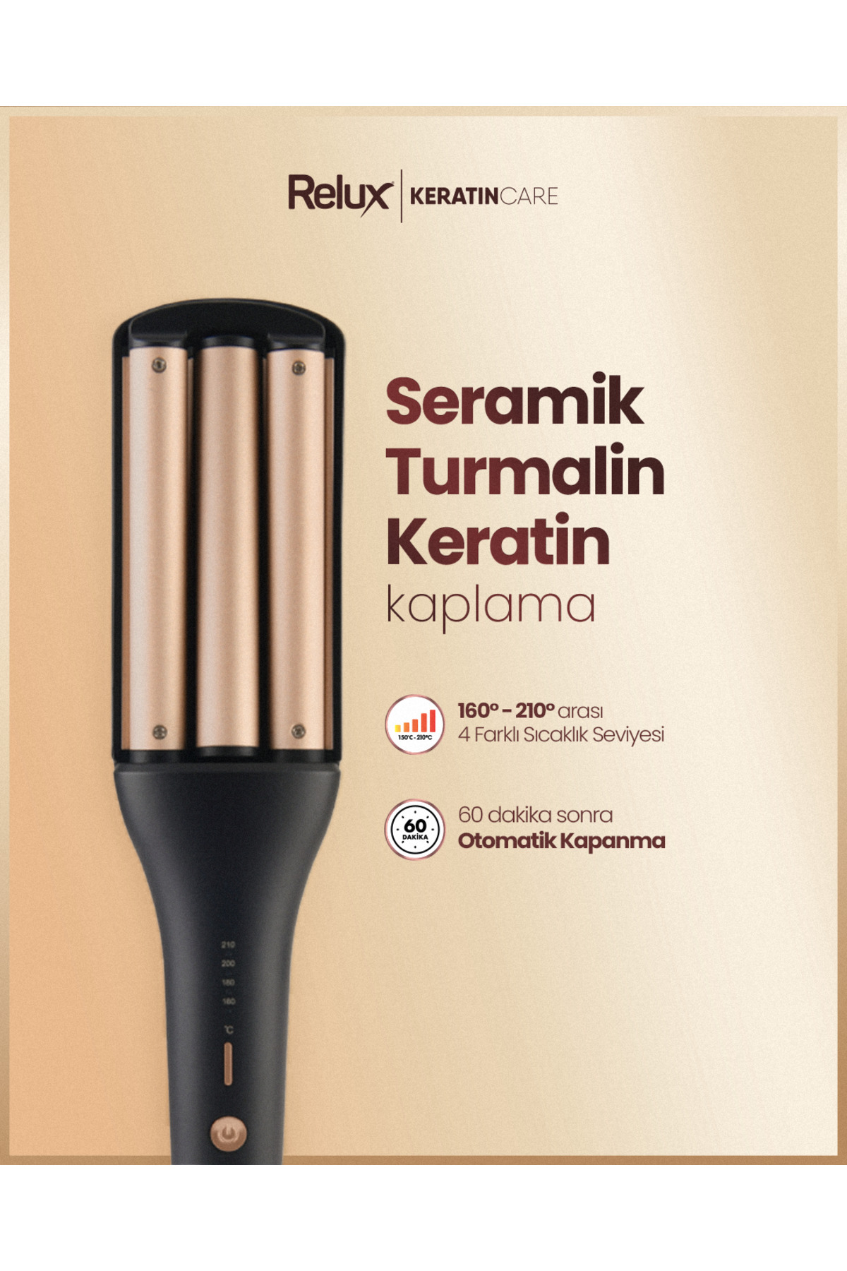 Seramik, turmalin ve keratin kaplamalı üçlü saç maşası.