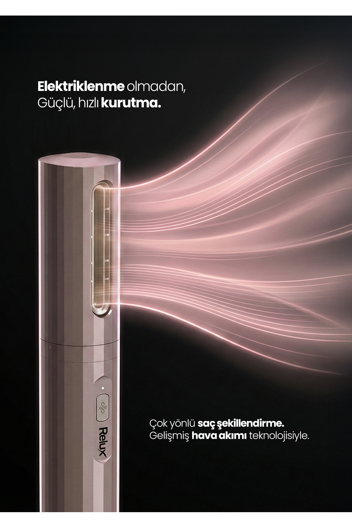 Sağa doğru yayılan pembe hava akımlı gümüş rengi saç kurutma makinesi.