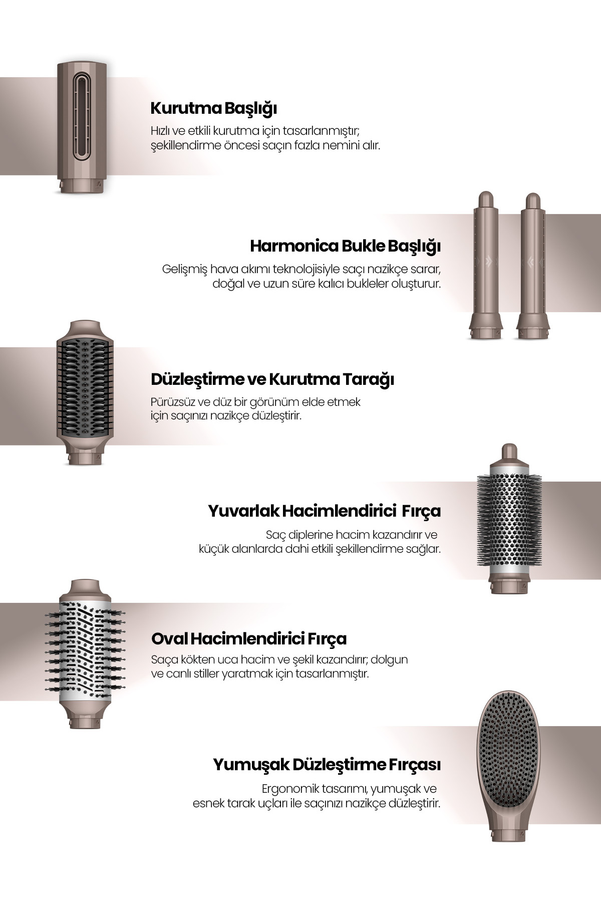 Saç kurutma başlığı, fırçalar, şekillendirme başlıkları ve saç tarağı.