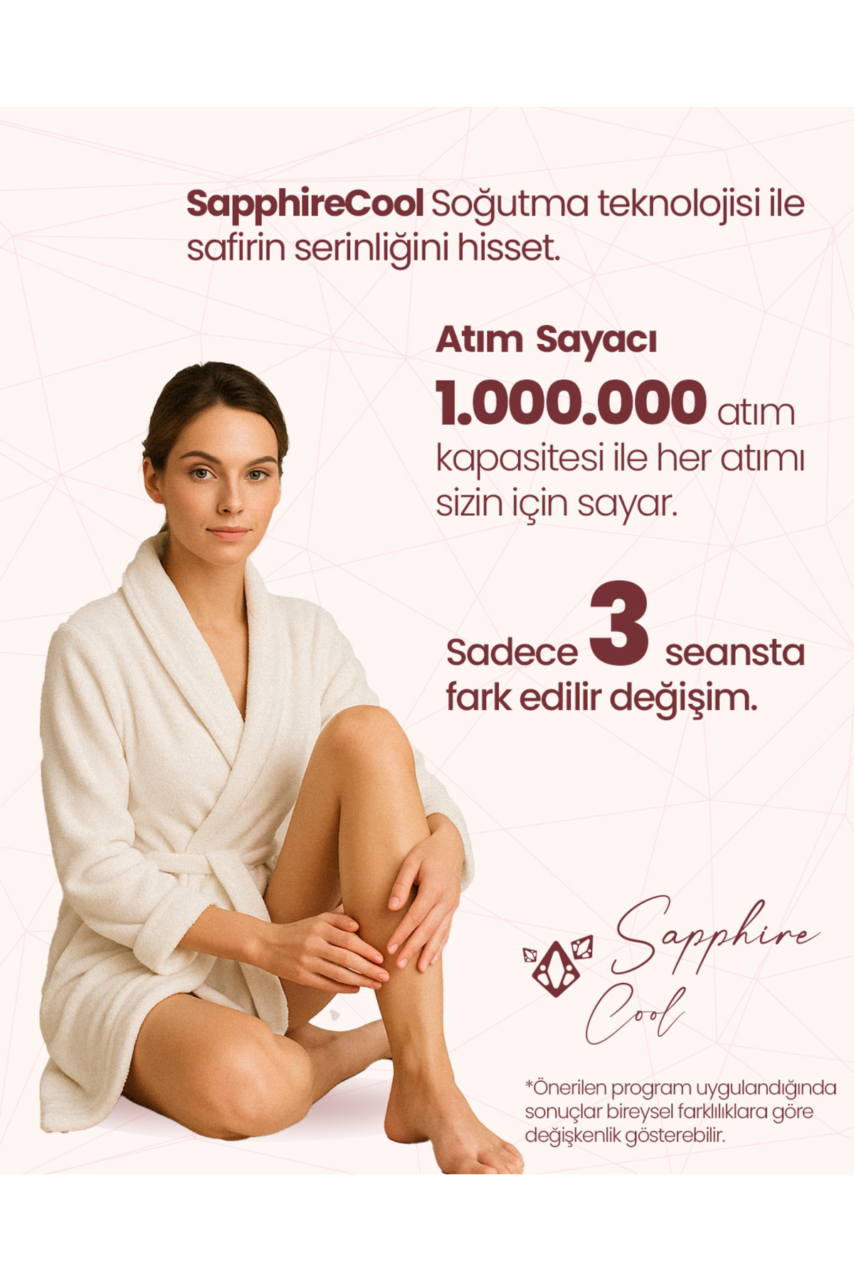 Beyaz bornozlu kadın oturuyor, SapphireCool teknolojisi.