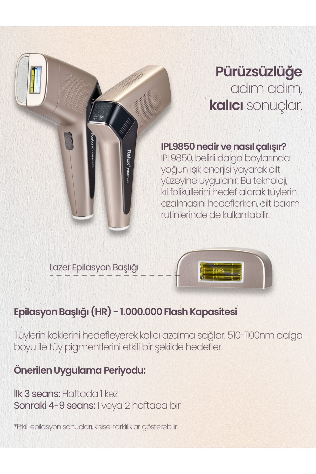 Açık renkli zeminde iki altın IPL epilasyon cihazı, metinli.