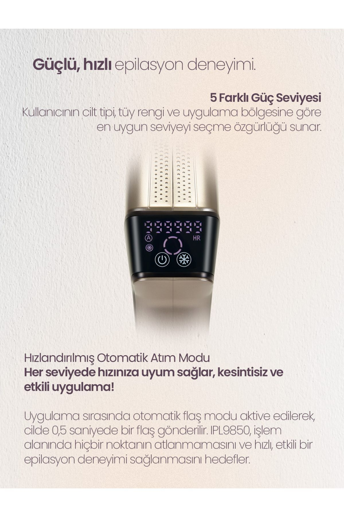 5 güç seviyesi gösteren dijital ekranlı altın rengi IPL epilasyon cihazı.