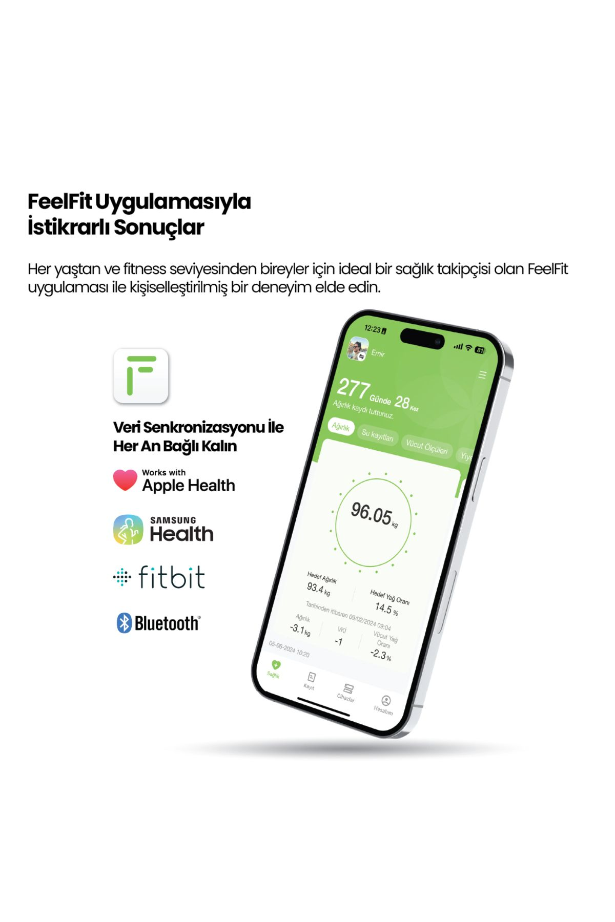 Bir akıllı telefon, ağırlık ve vücut yağ oranı gibi sağlık verilerini gösteren FeelFit uygulamasını görüntüler.